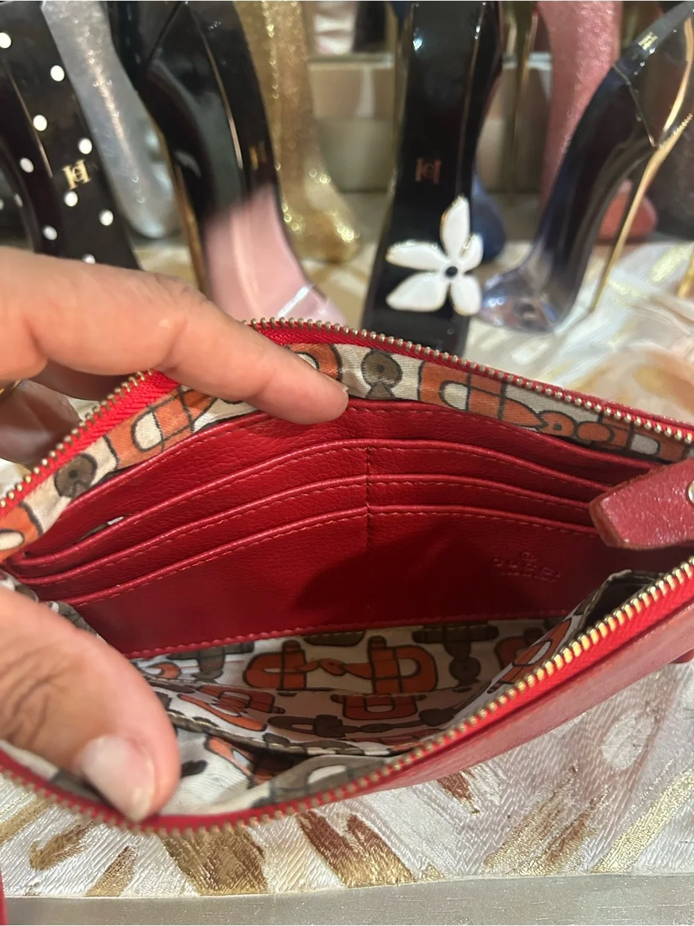 Vintage GG Red Embossed GG Leather Wristlet with Silver Chain Charm